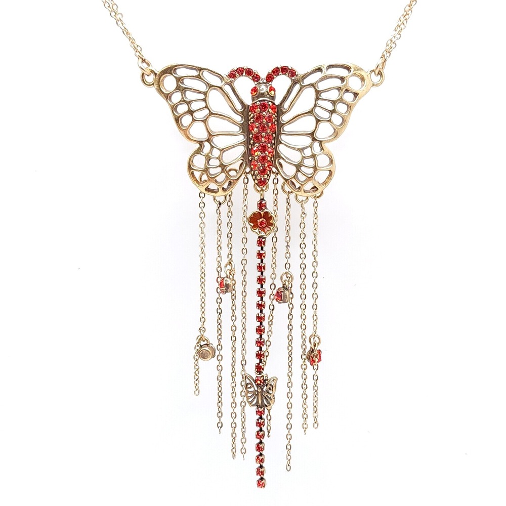 Pilgrim Butterfly Necklace Gold Red Orange Crystal Filigree